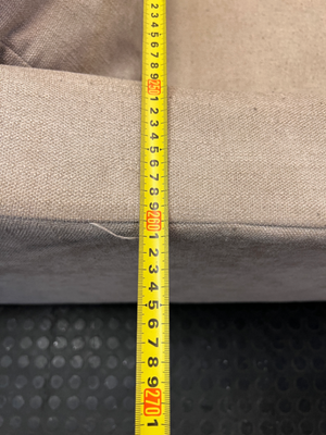 Neutral Fabric L-Shape Sectional Couch with Wooden Base — Well Used L-Shape Couch – depth measurement