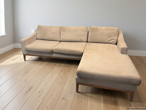 Neutral Fabric L-Shape Sectional Couch with Wooden Base — Well Used L-Shape Couch – styled product image