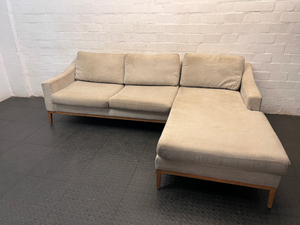 Neutral Fabric L-Shape Sectional Couch with Wooden Base — Well Used L-Shape Couch – top view