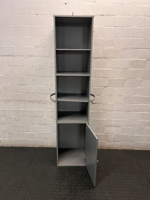 Tall Grey Bookshelf with Bottom Cupboard — Fair Condition with Minor Surface Marks – side view