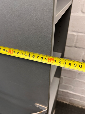Tall Grey Bookshelf with Bottom Cupboard — Fair Condition with Minor Surface Marks – width measurement