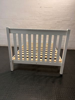White Wooden Double Bed Frame with Slatted Headboard — Fair Condition with General Wear – back view