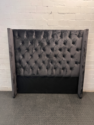 Tufted Grey Velvet Wingback Headboard — Well Used Condition – main front view