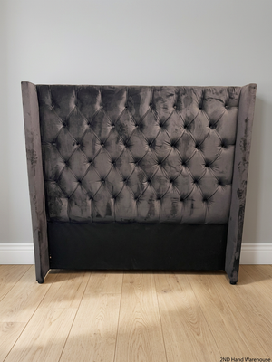 Tufted Grey Velvet Wingback Headboard — Well Used Condition – styled product image