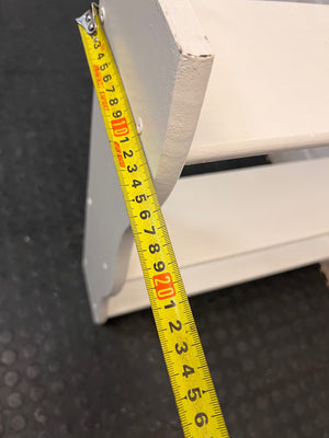 White Wooden Wall-Mounted Display Shelf — Well Used Condition – depth measurement