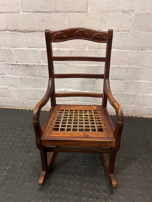 Carved Elephant Detail Wooden Rocking Chair — Good Working Order – main front view