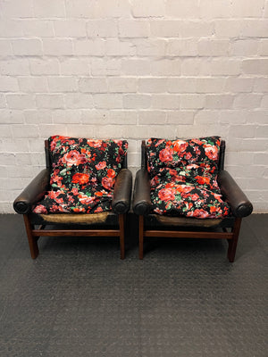 Vintage Brown Leather Armchair with Floral Cushion — Well Used with Significant Leather Wear – side view