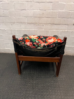 Vintage Brown Leather Armchair with Floral Cushion — Well Used with Significant Leather Wear – top view