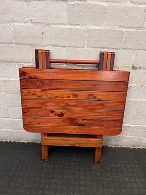 Foldable Slatted Timber Table in Warm Brown — Fair Condition with Visible Wear – back view