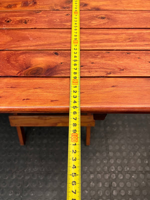Foldable Slatted Timber Table in Warm Brown — Fair Condition with Visible Wear – width measurement