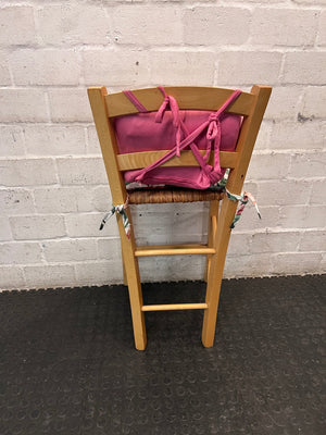 Light Wood Dining Chair with Protea Print Cushion — Well Used Condition – back view
