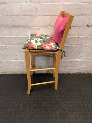 Light Wood Dining Chair with Protea Print Cushion — Well Used Condition – side view