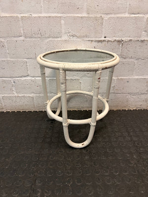 Round Glass-Top Painted Cane Side Table – condition detail