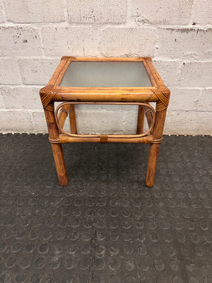 Square Bamboo Style Side Table with Glass Top — Well Used Condition – condition detail