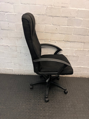 Black High-Back Fabric Office Chair — Broken Wheels – back view
