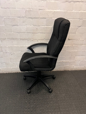 Black High-Back Fabric Office Chair — Broken Wheels – side view