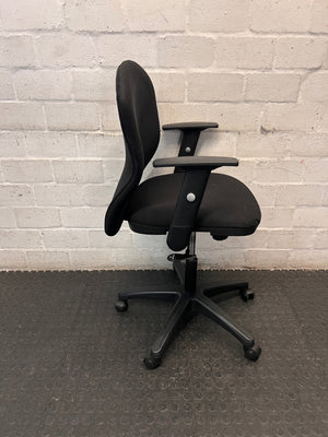 Black Fabric Mid-Back Office Chair with Armrests — Broken Wheels – back view