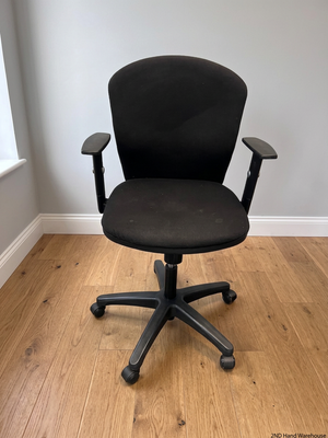 Black Fabric Mid-Back Office Chair with Armrests — Broken Wheels – styled product image