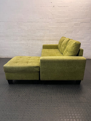 Green Textured Fabric L-Shape Corner Couch — Used; Fair Condition – back view
