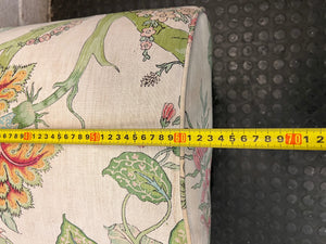 Floral Upholstered Ottoman with Black Timber Legs — Fair Condition With Visible Wear – width measurement
