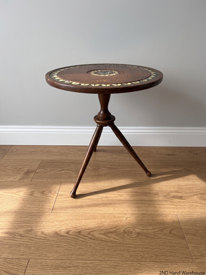 Tripod Wooden Side Table with Mosaic Inlay — Fair Condition with Visible Surface Wear – styled product image