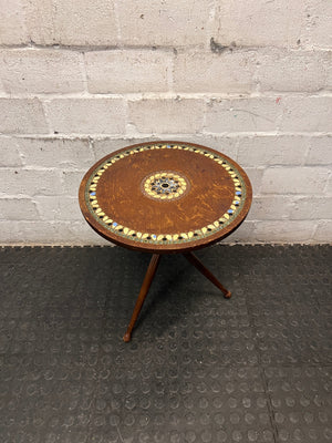 Tripod Wooden Side Table with Mosaic Inlay — Fair Condition with Visible Surface Wear – top view