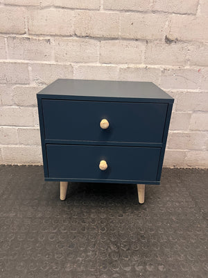 Blue Two-Drawer Bedside Table with Wooden Accents — Very High Quality Used Condition – main front view