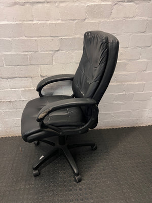 Black Faux-Leather High Back Office Chair — Significant Wear and Tear Damage – side view