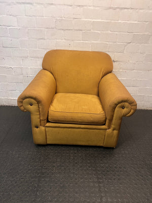 Textured Brown Fabric Armchair with Rolled Arms — Good Working Order – main front view