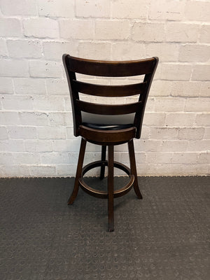 Dark Brown Wooden Bar Stool with Leather-Look Padded Seat — Frame Scuffs and Scratched Leather Seats – back view