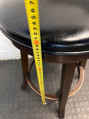 Dark Brown Wooden Bar Stool with Leather-Look Padded Seat — Frame Scuffs and Scratched Leather Seats – depth measurement