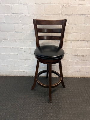 Dark Brown Wooden Bar Stool with Leather-Look Padded Seat — Frame Scuffs and Scratched Leather Seats – main front view