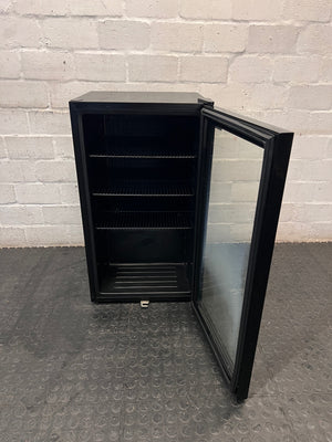 SnoMaster Glass Door Bar Fridge with Black Frame — Interior Light Non-Functional; Minor Scratches and Dents – side view