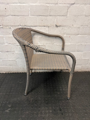 Grey Woven Synthetic Wicker Outdoor Chair — Well Used with Damaged Wicker Armrest – back view