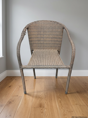 Grey Woven Synthetic Wicker Outdoor Chair — Well Used with Damaged Wicker Armrest – styled product image