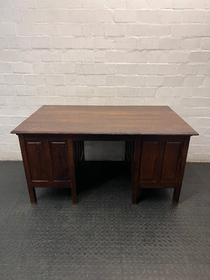 Classic Pedestal Wooden Office Desk with Cup Handles — Loose Top Surface and Age-Related Wear – back view