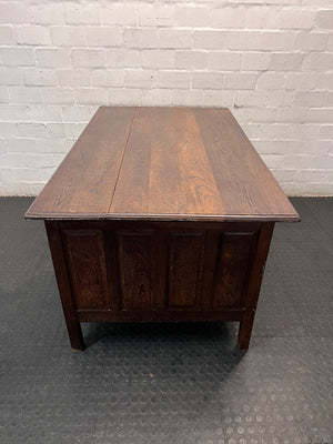 Classic Pedestal Wooden Office Desk with Cup Handles — Loose Top Surface and Age-Related Wear – condition detail