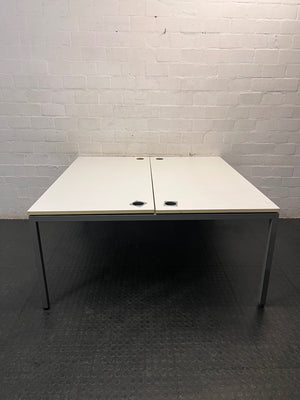 White Four-User Office Workstation with Cable Ports — Fair Condition; Aged Wood Finish – back view