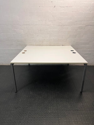 White Four-User Office Workstation with Cable Ports — Fair Condition; Aged Wood Finish – condition detail