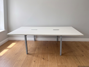 Large White Office Desk with Metal Legs — Fair Condition with Signs of Age – styled product image