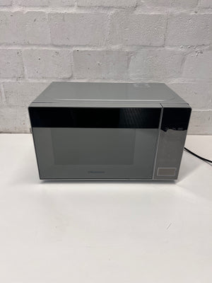 Hisense Silver Countertop Microwave with Mirrored Door — Good Working Order; Used Fair Condition – main front view