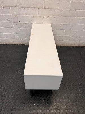 Low-Profile White TV Unit with Tapered Legs — Fair Condition With Visible Wear – condition detail