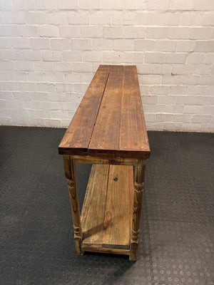Large Rustic Wooden Console Table with Turned Legs — Fair Condition with Visible Wear – side view