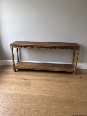 Large Rustic Wooden Console Table with Turned Legs — Fair Condition with Visible Wear – styled product image