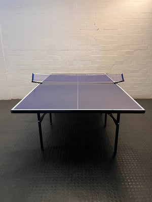 Full-Size Blue Table Tennis Table with Net — Missing One Foot – side view