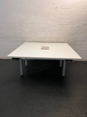 White Square Cluster Office Desk with Cable Trays — Aged Wood with Significant Surface Wear Awareness – condition detail