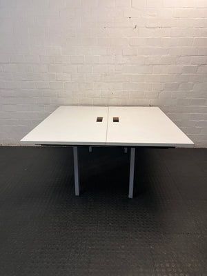 White Square Cluster Office Desk with Cable Trays — Aged Wood with Significant Surface Wear Awareness – top view