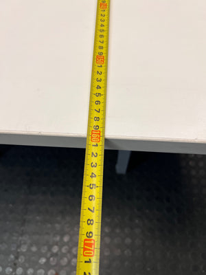 White Square Cluster Office Desk with Cable Trays — Aged Wood with Significant Surface Wear Awareness – width measurement