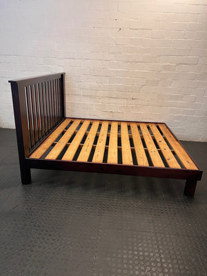 King Size Wooden Bed Frame with Slatted Headboard — Worn Mattress with Visible Marks; Bed Frame Good state – top view
