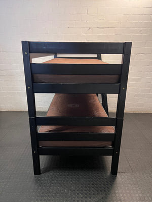Black Wooden Bunk Bed with Mattresses and Ladder — Good Working Order – back view
